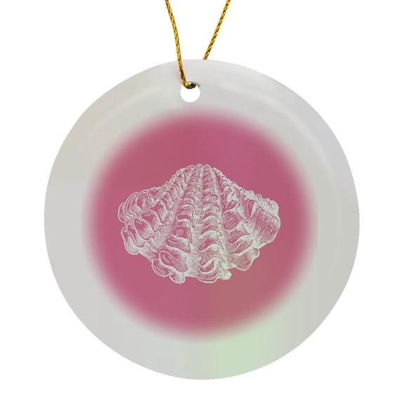 3drose, Pink Seashell Etching Print. Modern Sea Shell Clam Beach Ocean Life, Circle Porcelain Ornament