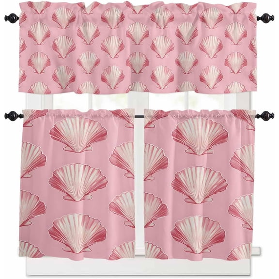 Pink Seashell Kitchen Curtains and Valances Set, Nautical Rod Pocket Window Valance 18 Inch Summer Ocean Window Curtain Panels for Living Room Bedroom Laundry, 27.5x36in, 3 Pieces