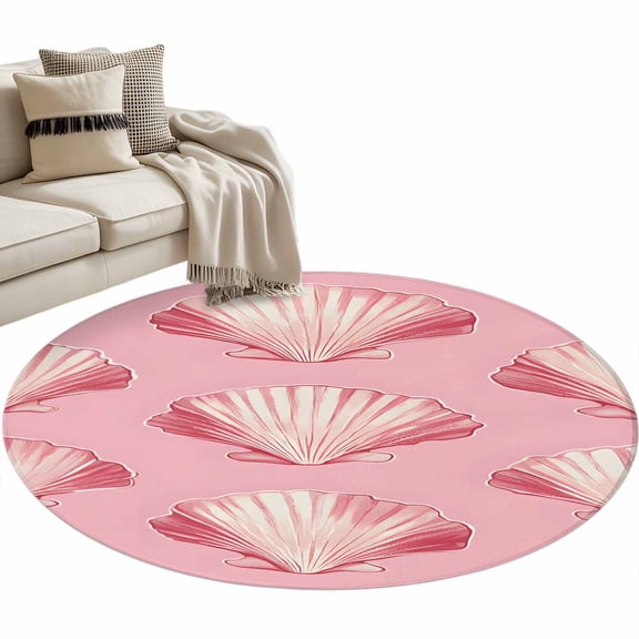 Pink Seashell Round&nbsp;Area Rug&nbsp;3 ft Nautical Summer Ocean Washable Rugs for Living Room, Non Slip Soft Carpet for Bedroom Entryway Dining Room
