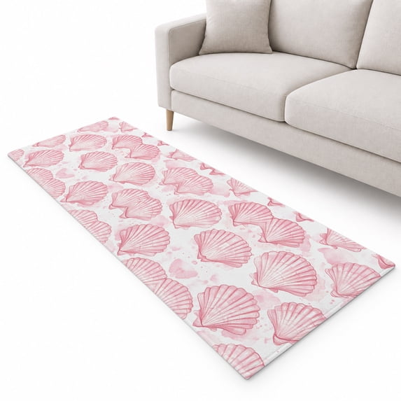 Pink Seashell Runner Rug 2'x6', Summer Coastal Watercolor Soft Mat Non ...