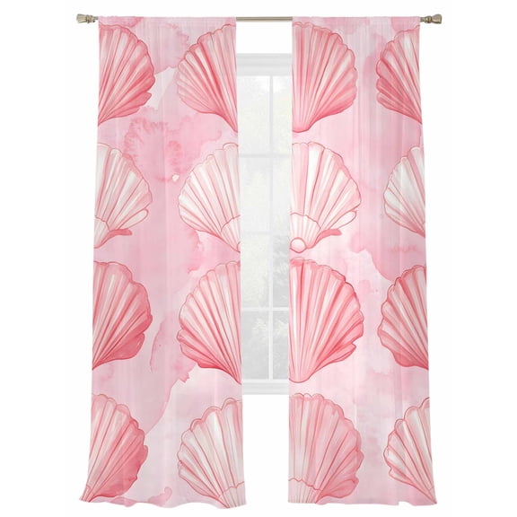 Pink Seashell Sheer Curtains 108 Inch Long 2 Panels, Summer Coastal Watercolor Cute Light Filtering Rod Pocket Curtains, Sheer Voile Drapes for Living Room Bedroom, 52"x108"