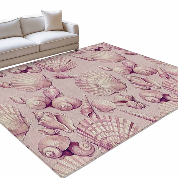 Pink Seashells 6x9ft Non Slip Area Rug Summer Coastal Coral Dreamy Marine Life Washable Soft Area Rugs for Living Room, Indoor Circle Carpet for Bedroom Dining Room Kitchen