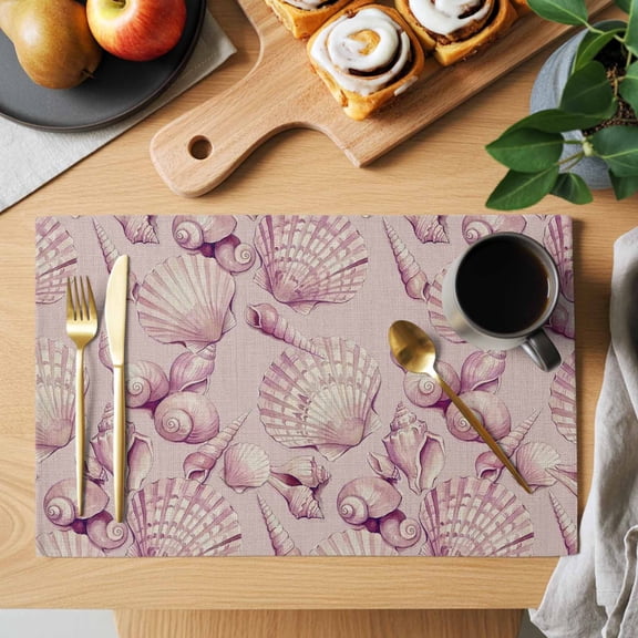 Pink Seashells Placemats Set of 1, Summer Coastal Coral Dreamy Marine Life Heat Insulated Linen Place Mats, Washable Stain-Proof Table Mats for Dining Tables Holiday Decor 13x19 Inches