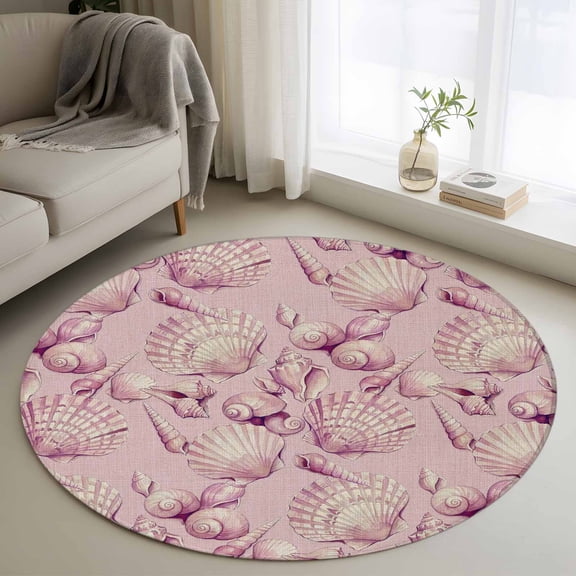 Pink Seashells Round Rug 4Ft Summer Coastal Coral Dreamy Marine Life Circle Area Rugs Washable Non Slip Indoor Floor Mats Carpet for Living Room Bedroom Dining Room Home Decor