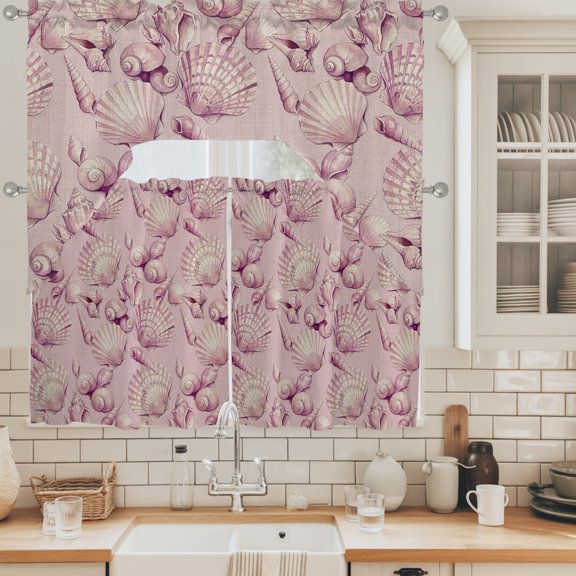 Pink Seashells Swag Curtains Valance and Tier Set, Summer Coastal Coral Dreamy Marine Life Swag Curtains Drapes Rod Pocket for Kitchen Bathroom Small Window, 3 Pieces 56x36in+27.5x24*2