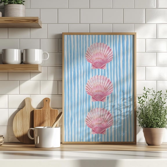 Pink Seashells Wall Art, Striped Coastal Nursery Decor, Stretched Canvas Size 12x18