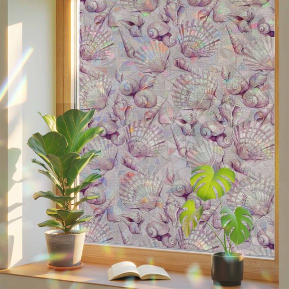 Pink Seashells Window Privacy Film, Summer Coastal Coral Dreamy Marine Life Stained Glass Rainbow Film Decorative Window Clings, Static Cling Sun Blocking Stickers 23.6" x 59"