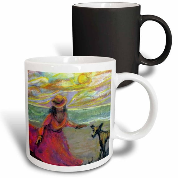 3drose, Pink Seaside Girl and Curious Greyt - Puppy Love at the Beach., 11oz Magic Transforming Mug