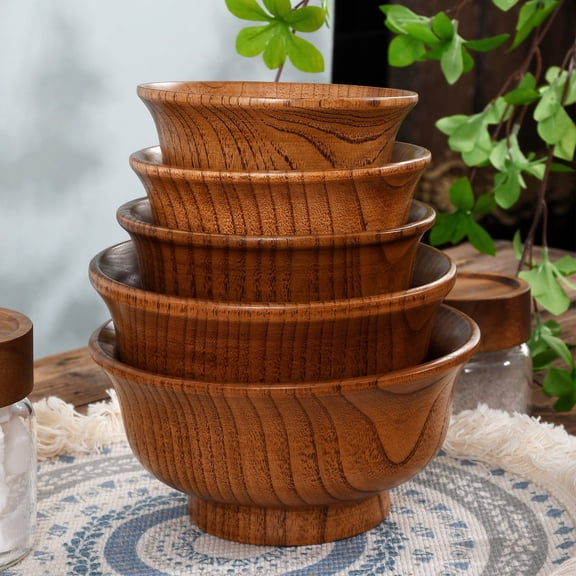 Pink Season 190/240/300/425/475ml Wooden Bowl Reusable Reverse Edge Round Thickened Anti-scalding High-footed Mongolia Style Rice Bowl Kitchen Utensil