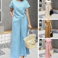 thumbnail image 1 of Pink Season 2 Pcs/Set T-shirt Pants Set Solid Color Round Neck Pullover Soft Short Sleeves Match Shoes Breathable Wide Leg T-shirt Trousers Suit Women Clothes, 1 of 8