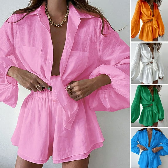 Pink Season 2Pcs/Set Lantern Long Sleeve Pockets Single Breasted Women Outfit Lapel Shirt Ruffle Wide Leg Shorts Set
