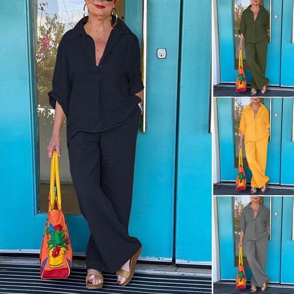 Pink Season 2Pcs/Set Lapel 3/4 Sleeve Buttons Half Placket Elastic Waistband Pockets Shirt Pants Set Solid Color Pullover Straight Wide Leg Pants Set