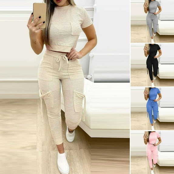 Pink Season 2Pcs/Set O-neck Short Sleeve High Waist Pockets Sports Outfit Solid Color Crop Top Drawstring Pants Matching Set