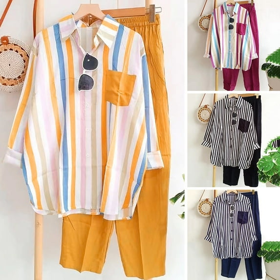 Pink Season 2Pcs/Set Shirt Pants Set Long Sleeve Casual Trendy Elastic Waist Breathable Daily Garment Polyester Stripes Blouse Pants Suit Spring Clothes