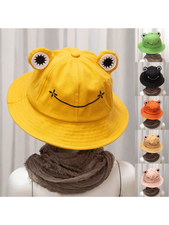 Adult Kids Bucket Hat Cute Frog Anti Sun Wide Brim Foldable Fisherman Cap for Outdoor