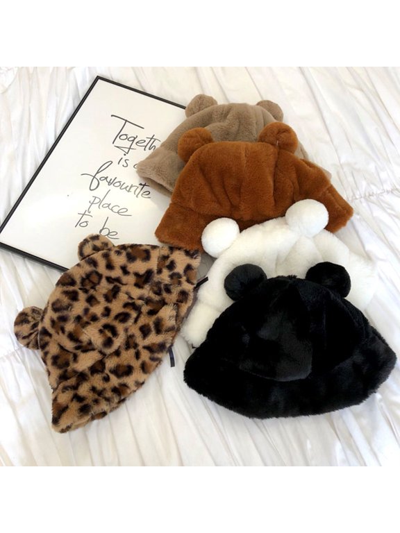 Bucket Hat Bear Ear Ball Thickened Autumn Winter Leopard Plush Ball Basin Cap for Outdoor