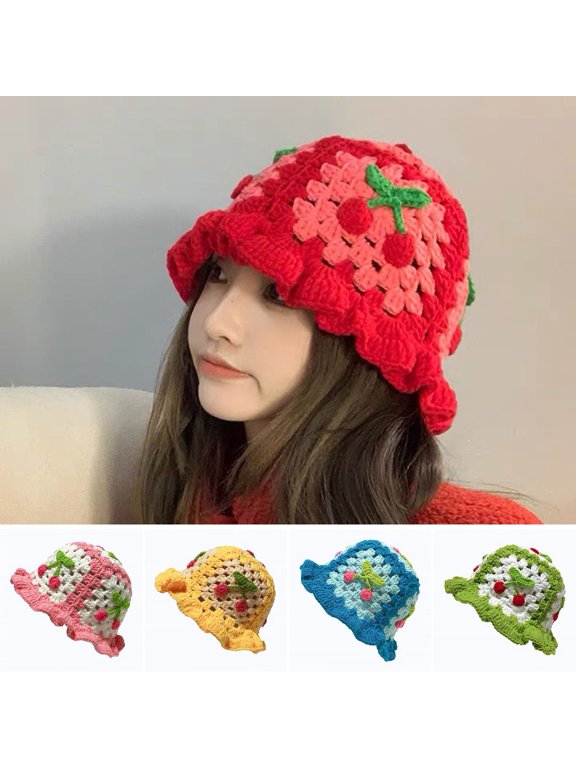 Cherry Crochet Bucket Hat Women Spring Autumn Handmade Knitted Cute Beanies Cap Vacation Traveling Beach Hat