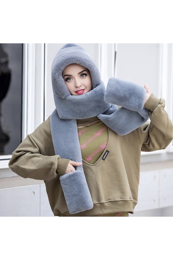 Faux Rex Rabbit Fur Hat Scarf Gloves Set Women's Winter Hat with Scarf Gloves Thick Faux Fur Full for Outdoor Cycling Travel Solid Color