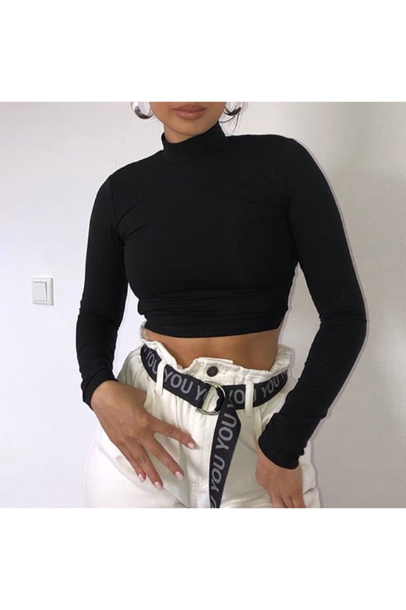 Half High Collar Long Sleeves Cross Bandage Backless Women Blouse Sexy Navel Exposed Cropped Tops Daily Clothing