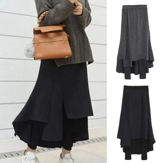 Pink Season High-Waist Elastic Waistband Irregular Split Hem Thickened Leggings Skirt Women Fake Two Piece Fleece Lining Maxi Skort