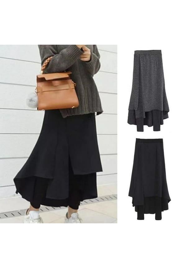 High-Waist Elastic Waistband Irregular Split Hem Thickened Leggings Skirt Women Fake Two Piece Fleece Lining Maxi Skort