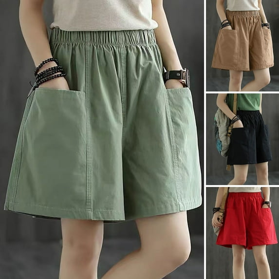 Pink Season High Waist Elastic Waistband Pockets Women Shorts Summer Straight Wide Leg Casual Shorts Streetwear