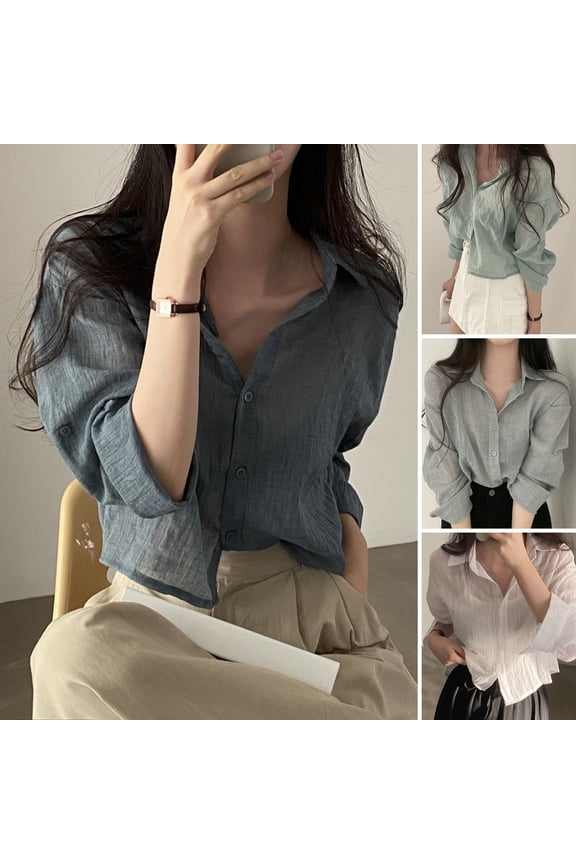 Lapel Long Sleeves Buttons Placket Women Shirt Spring Solid Color Pleated Shirt Top