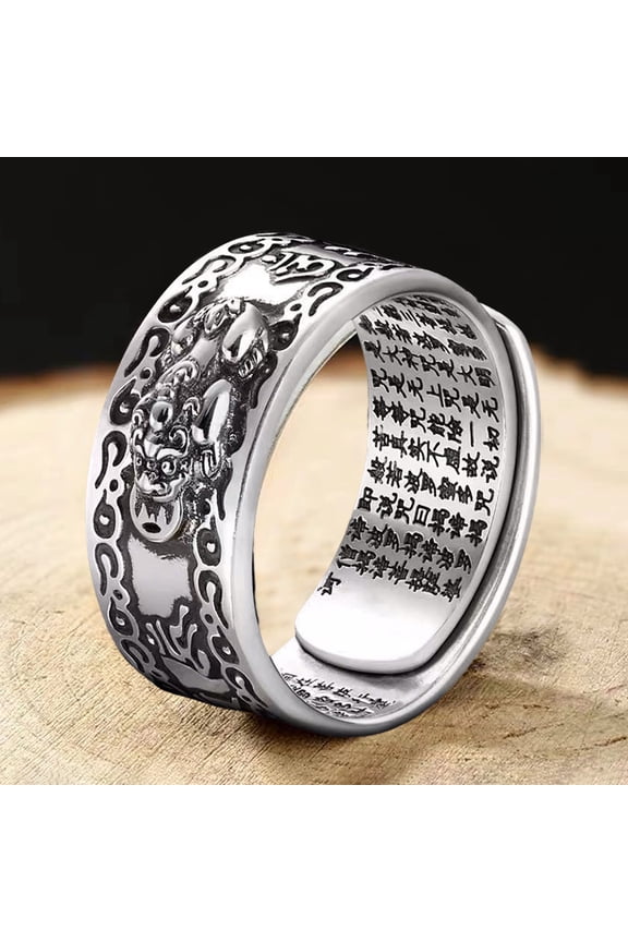 Men Ring Vintage Carving Mantra Scripture Adjustable Bring Luck Wealth Birthday Gift Male Chinese Feng Shui Pixiu Finger Ring Retro Jewelry