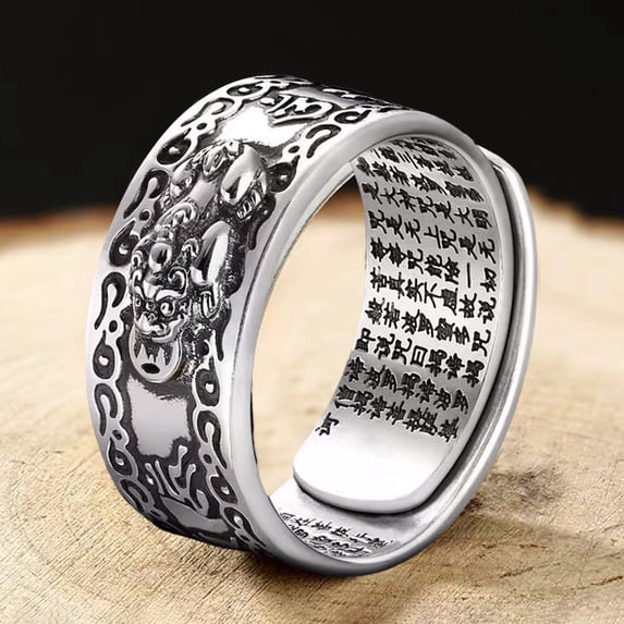 Pink Season Men Ring Vintage Carving Mantra Scripture Adjustable Bring Luck Wealth Birthday Gift Male Chinese Feng Shui Pixiu Finger Ring Retro Jewelry
