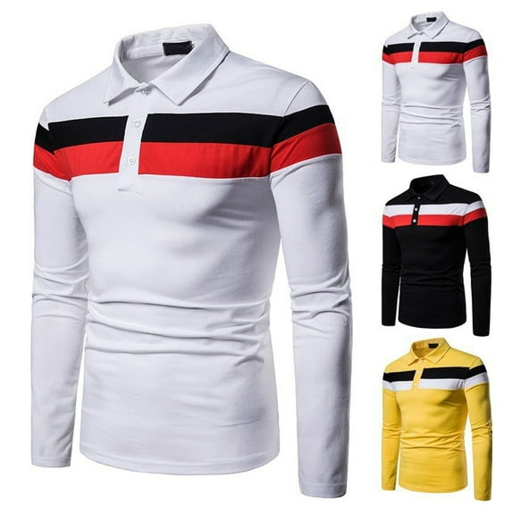 Pink Season Men Spring T-shirt Color Block Slim Fit Turn-down Collar Long Sleeves Pullover Keep Warm Buttons Striped Spring Fall Top Men Clothes