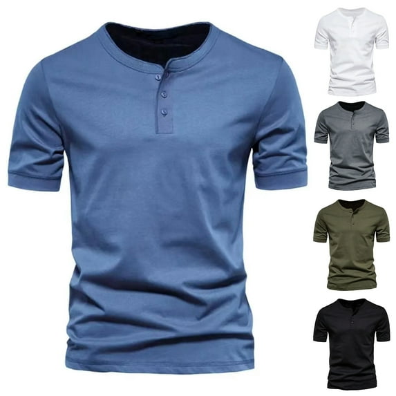 Pink Season Men Summer T-shirt Short Sleeves Casual Round Neck Mid Length Solid Color Match Pants Soft Half Open Collar Men Top Men Clothes