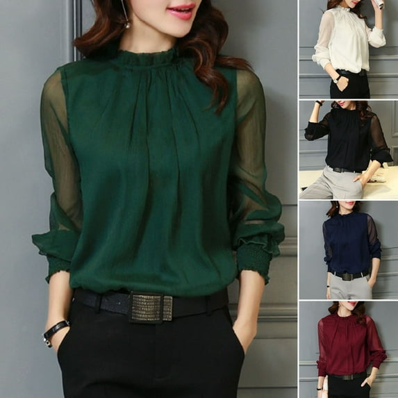 Pink Season Perspective Net Mesh Sleeve Elastic Cuffs Women Shirt Elegant Ruffle Collar Solid Color Chiffon Shirt