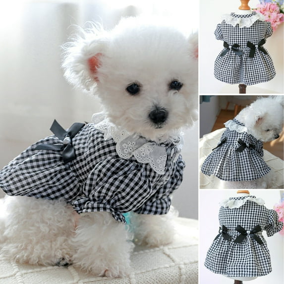 Pink Season Pet Dress Soft Comfortable Lace Neckline Bowknot Pet Dog Cat Black White Plaid Dress Daily Wear