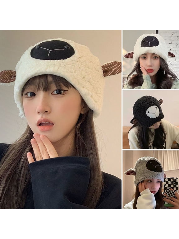 Plush Hat Cute Fuzzy Cozy Thickened Stretchy Keep Warm Soft Autumn Winter Sheep Lamb Ears Girls Cap for Daily
