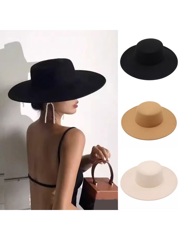 Retro Ladies Hat Big Wide Brim Fedora Hat Pure Color Derby Wedding Jazz Hat Prom Party Commuting Flat Top Felt Hat