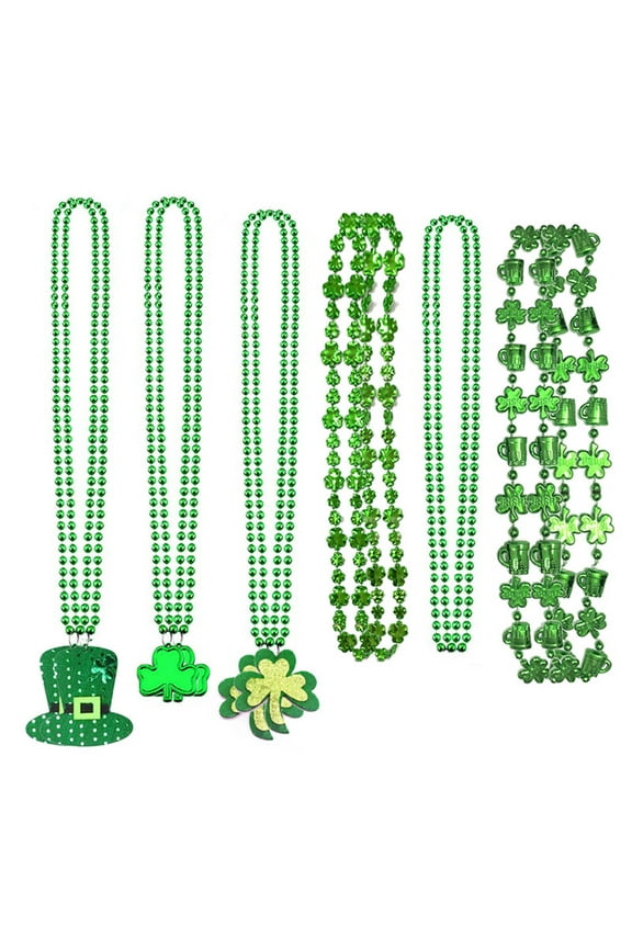 Shamrock Necklace Lucky Clover Green Hat Letters Long Round Beads Saint Patrick's Day Clover Adults Necklace Party Supplies
