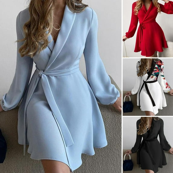 Pink Season V-Neck Puff Long Sleeve Solid Color Floral Print Women Dress Autumn Lapel Waist Lace-up Office Dress Streetwear