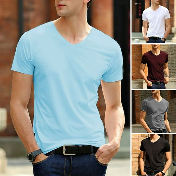 Pink Season V-Neck Short Sleeve Solid Color Thin Men T-shirt Summer Ice Silk Trackless T-shirt Streetwear