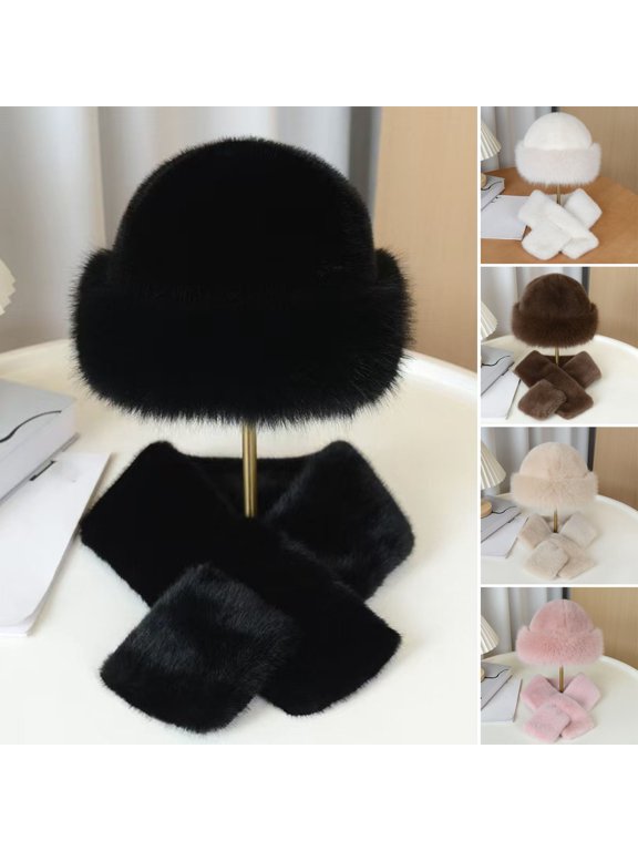 Winter Fuzzy Hat Scarf Set for Women Faux Fur Collar Wrap Scarf Thickened Plush Warm Cap for Cold Weather