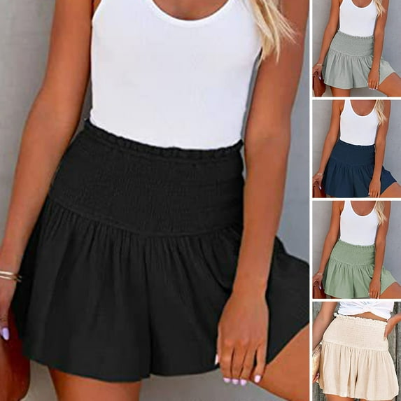 Pink Season Woman Shorts Pleated Ruffle Solid Color Elastic High Waist Trousers Streetwear Loose Summer Beach Flowy Casual Short Pants Daily Leisure