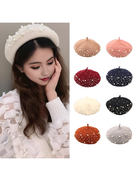 Women Beret Faux Pearl Rhinestone Decor Vintage English Style Woolen Hat No Brim Solid Color Adjustable Straps Pumpkin Cap
