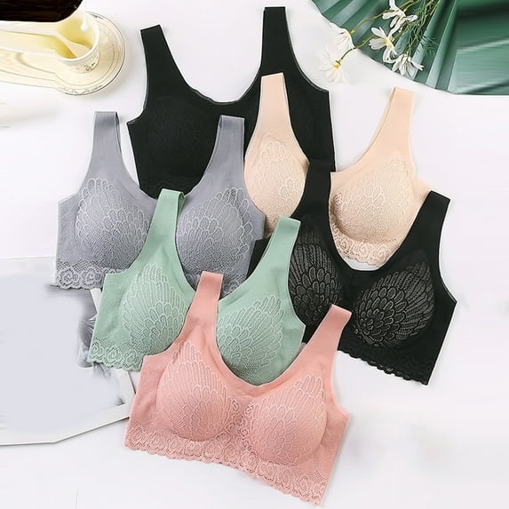 Pink Season Women Brassiere Seamless Solid Color Plus Size WIreless Padded Support Breast Lace Wide Shoulder Strap Sports Bra Women Inner Wear Clothes