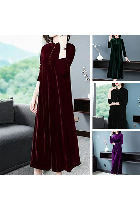 Women Fall Dress Solid Color Loose Long Sleeves Button Maxi Dress Keep Warm Velvet Plus Size Mom Spring Dress Women Clothes