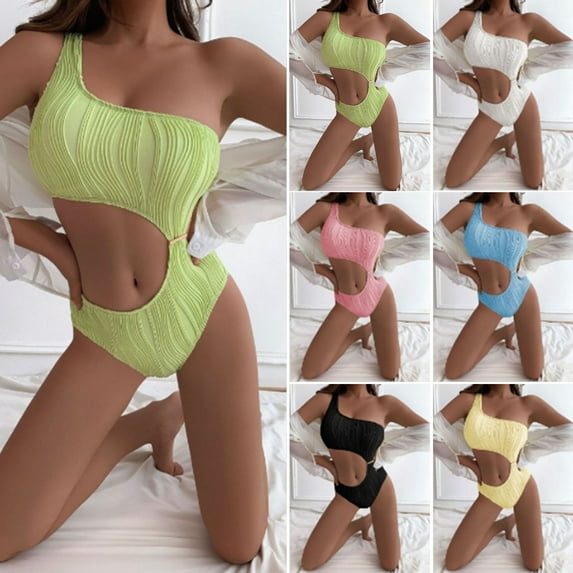 Pink Season Women Monokini Solid Color Striped One Shoulder Hollow Out Backless Swimming Slim Fit High Waist Lady Swimwear Water Sports Clothes