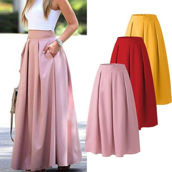 Pink Season Women Skirt Loose Ankle Length High Waist A-line Pockets Match Top Solid Color Friendly to Skin Pleated Women Fall Spring Skirt Women Clothes