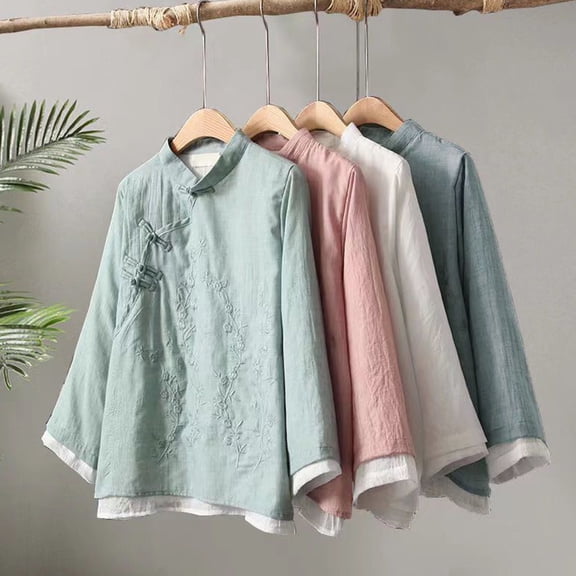 Pink Season Women Spring Retro Top Chinese Style Embroidered Flower Pattern Knot Button Solid Color Keep Warm Loose Stand Collar Plus Size Vintage Shirt Lady Garment