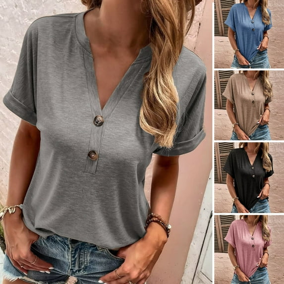 Pink Season Women Summer Top V Neck Button Decor Short Sleeves Solid Color Loose Match Pants Pullover Cotton Casual Summer Blouse Women Clothes