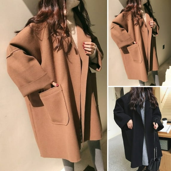 Pink Season Women Winter Coat Thicken Loose Turn-down Collar Long Sleeves Pure Color Cold-proof Pockets Plus Size Notch Collar Women Coat Women Clothing