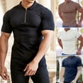thumbnail image 1 of Pink Season Zipper Lapel Short Sleeve Thin Men T-shirt Summer Solid Color Ribbed Fitness Top Streetwear, 1 of 8