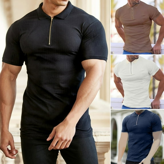 Pink Season Zipper Lapel Short Sleeve Thin Men T-shirt Summer Solid Color Ribbed Fitness Top Streetwear